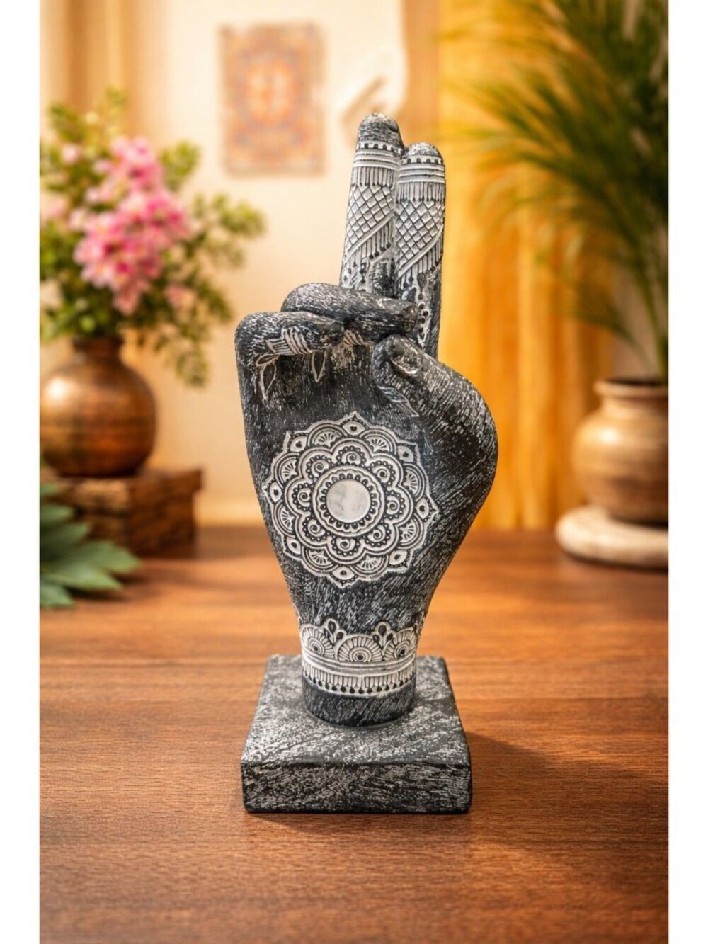 New Black & White Craved Etched India Buddha Peace Sign Hand Sculpture Figure - Picture 2 of 5